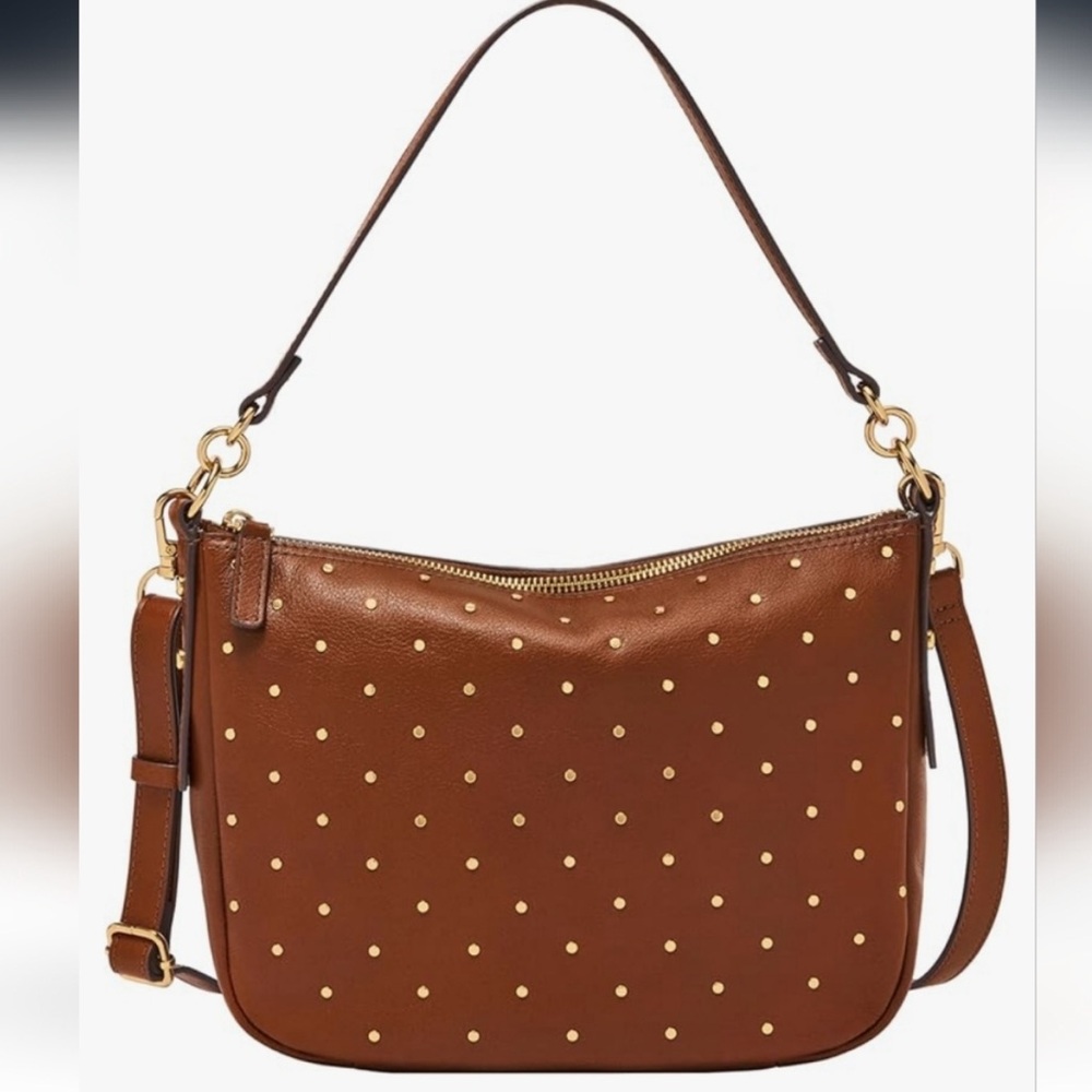 FOSSIL Jolie Brown Leather Crossbody Shoulder Bag with gold-colored Studs